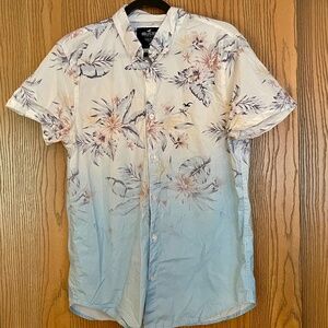 MENS HOLLISTER EPIC FLEX SIZE M BLUE & WHITE FLORAL OMBRÉ FADE BUTTON SHIRT